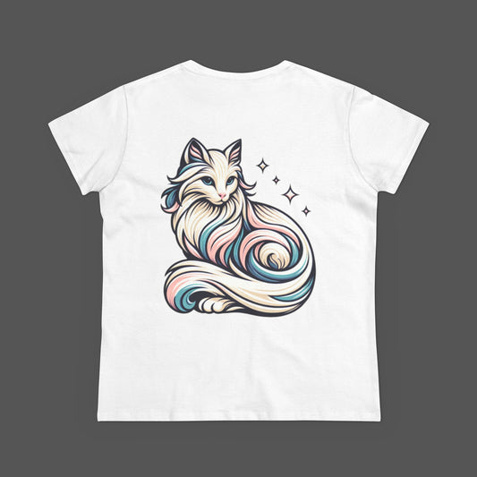 Women's cotton t-shirt featuring an enchanting cat design. Adorable cat graphic makes it a perfect gift for pet lovers. Ideal for spring fashion, stylish and comfortable for everyday wear.